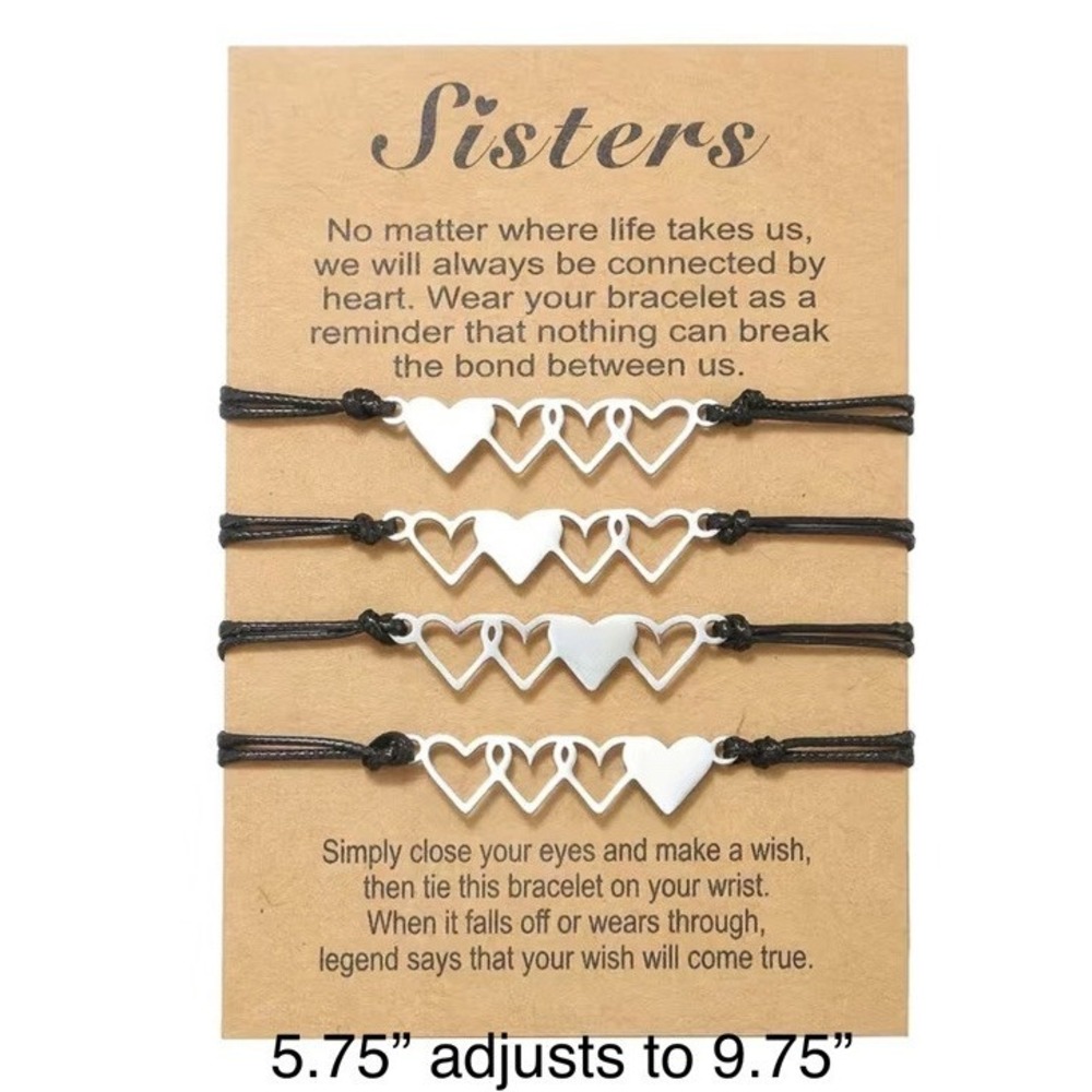 Four Sisters Empty Heart‎ & Friendship Black Leather Bracelet Set (Set of 2)